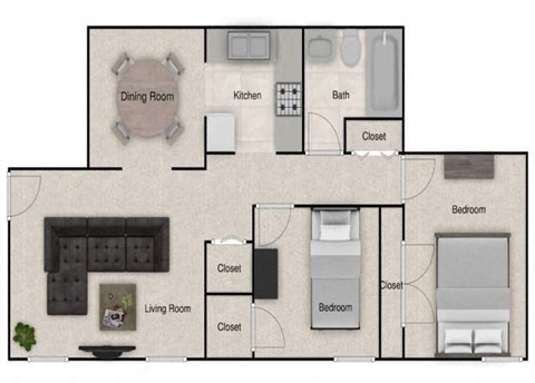Floor plan for 2 beds, 1 bath, 870 sqft